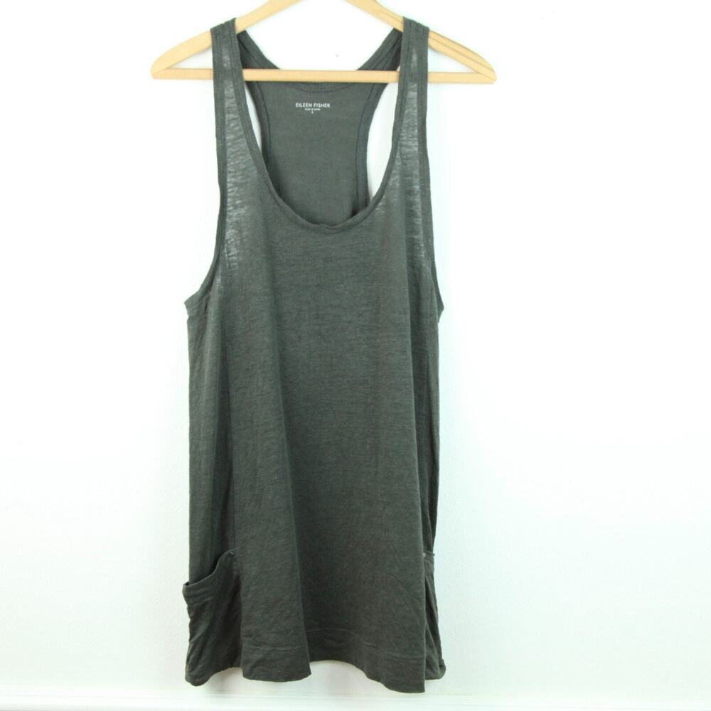 Eileen Fisher Small Linen Racerback Tank Tunic‎ Pockets Gray Lagenlook Minimal